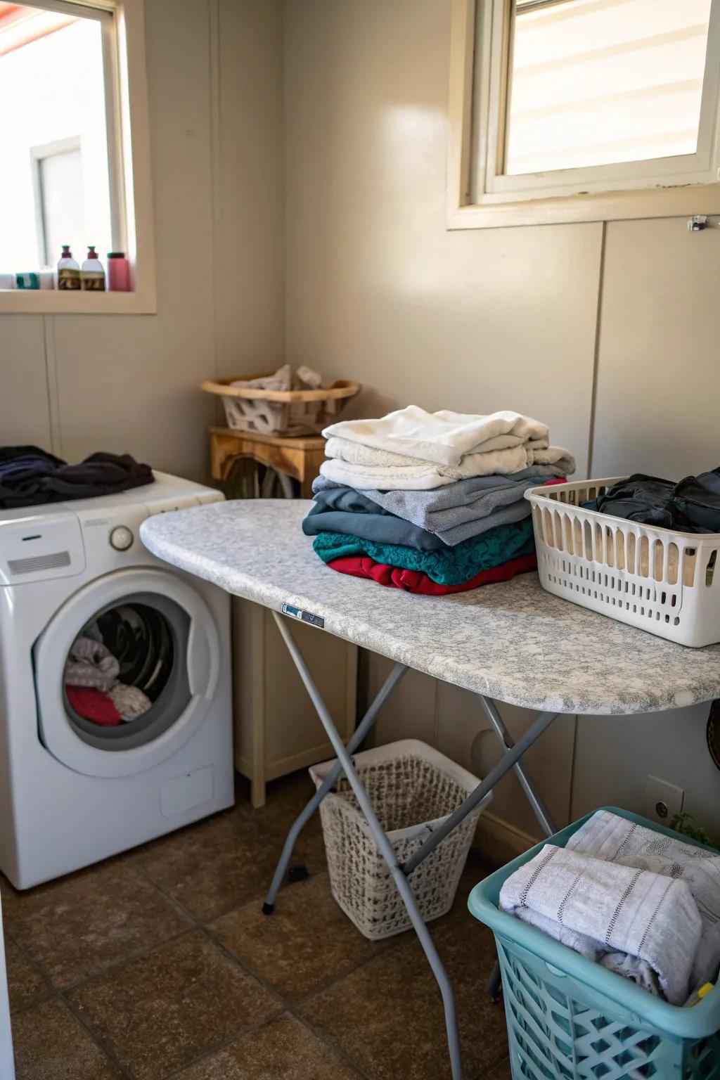 A folding table provides surface area when needed and stores easily when not.