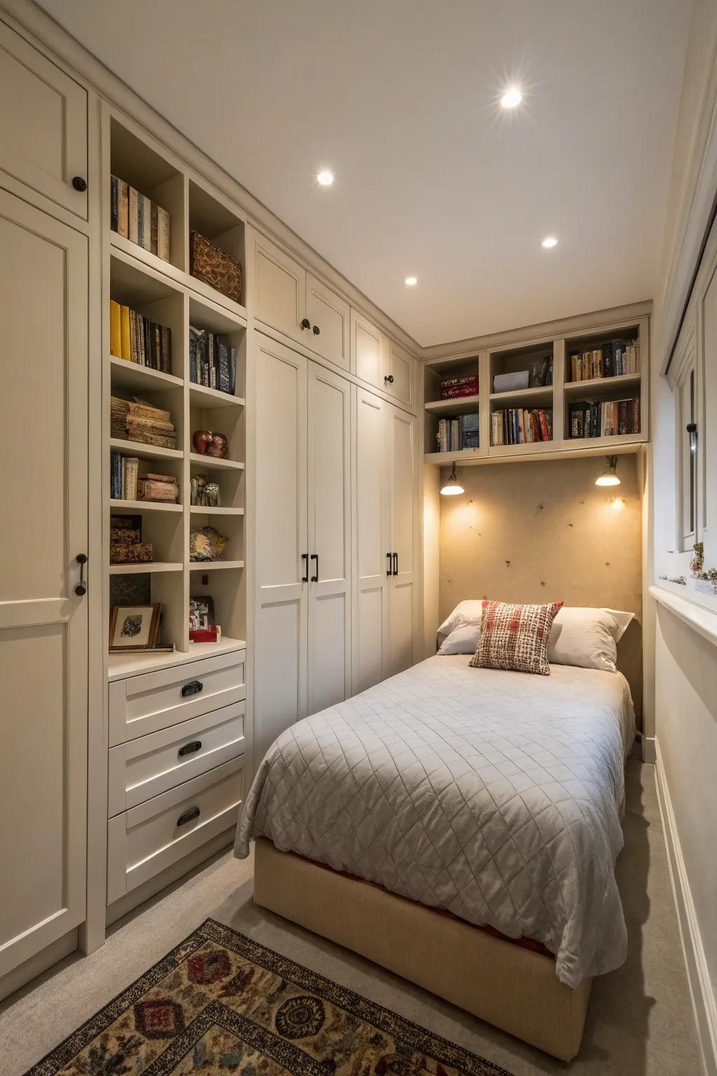 Vertical storage solutions optimize the allocation of space within a compact primary bedroom.