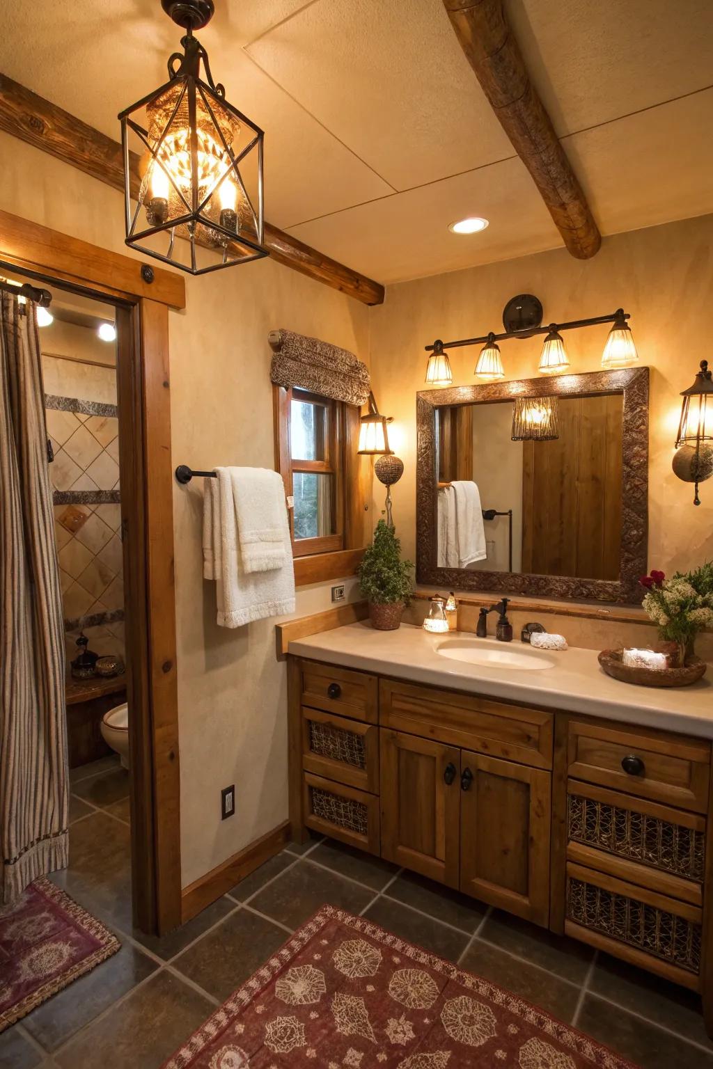 Homespun illumination elements add warmth to a bathroom.