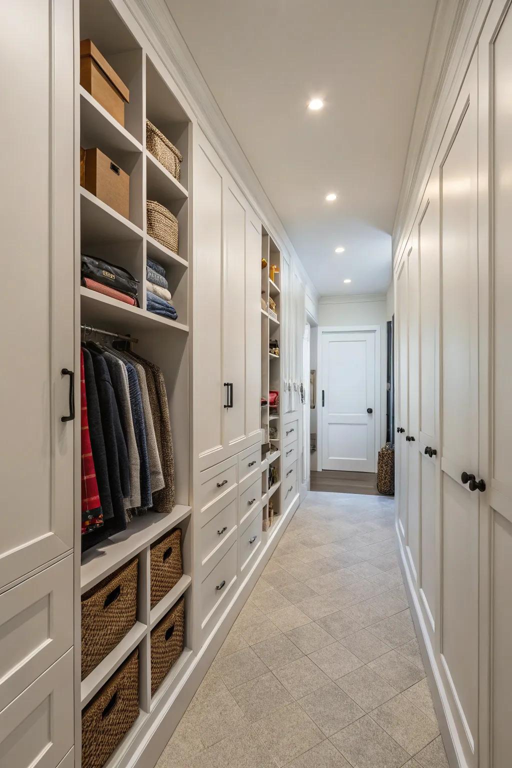 Hidden storage solutions keep your narrow hallway neat and organized.