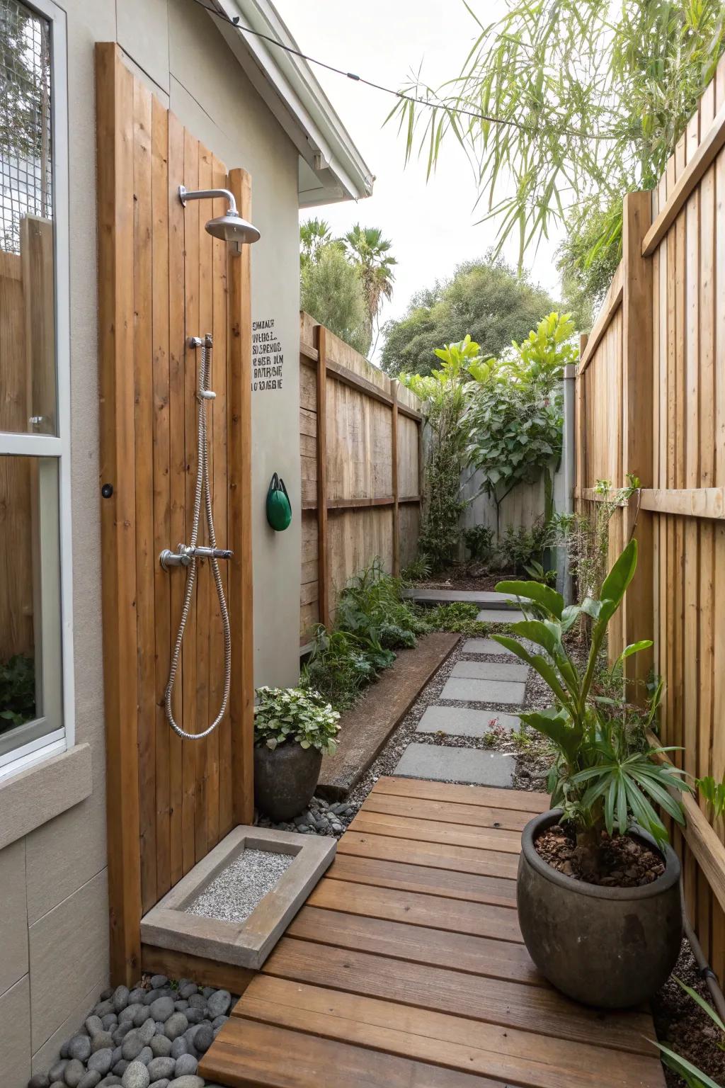 An outdoor shower offers a refreshing escape in slim side yards.