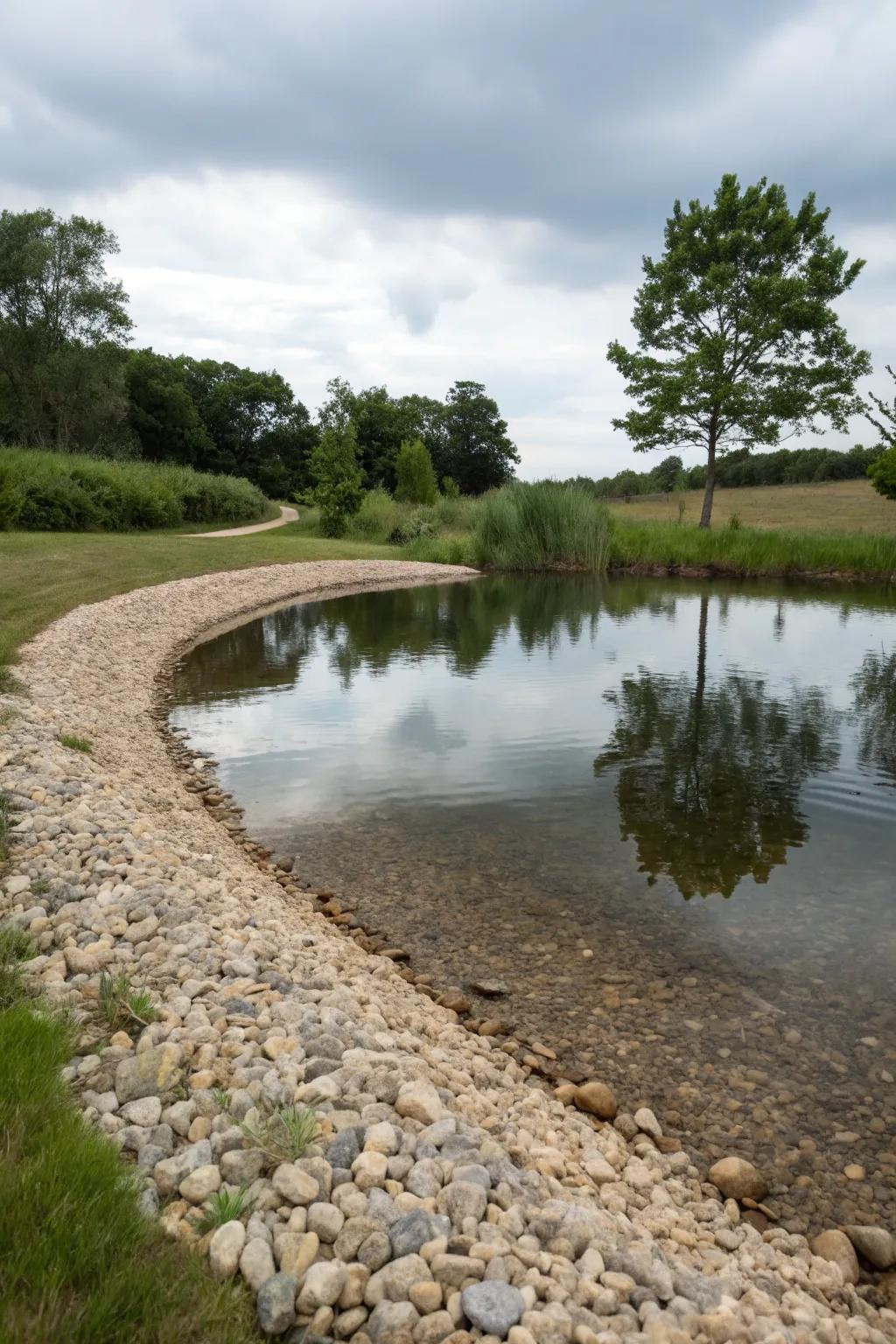 A pebble beach creates a natural and welcoming pond edge.