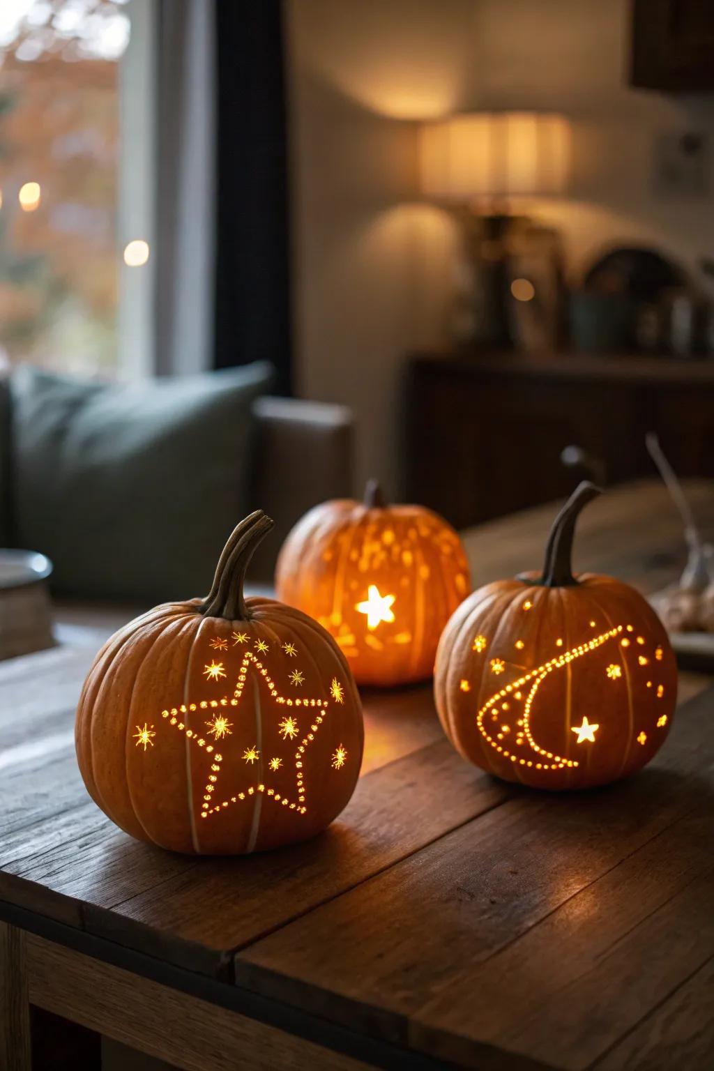 Cosmic carved pumpkins create a mysterious, starlit ambiance.