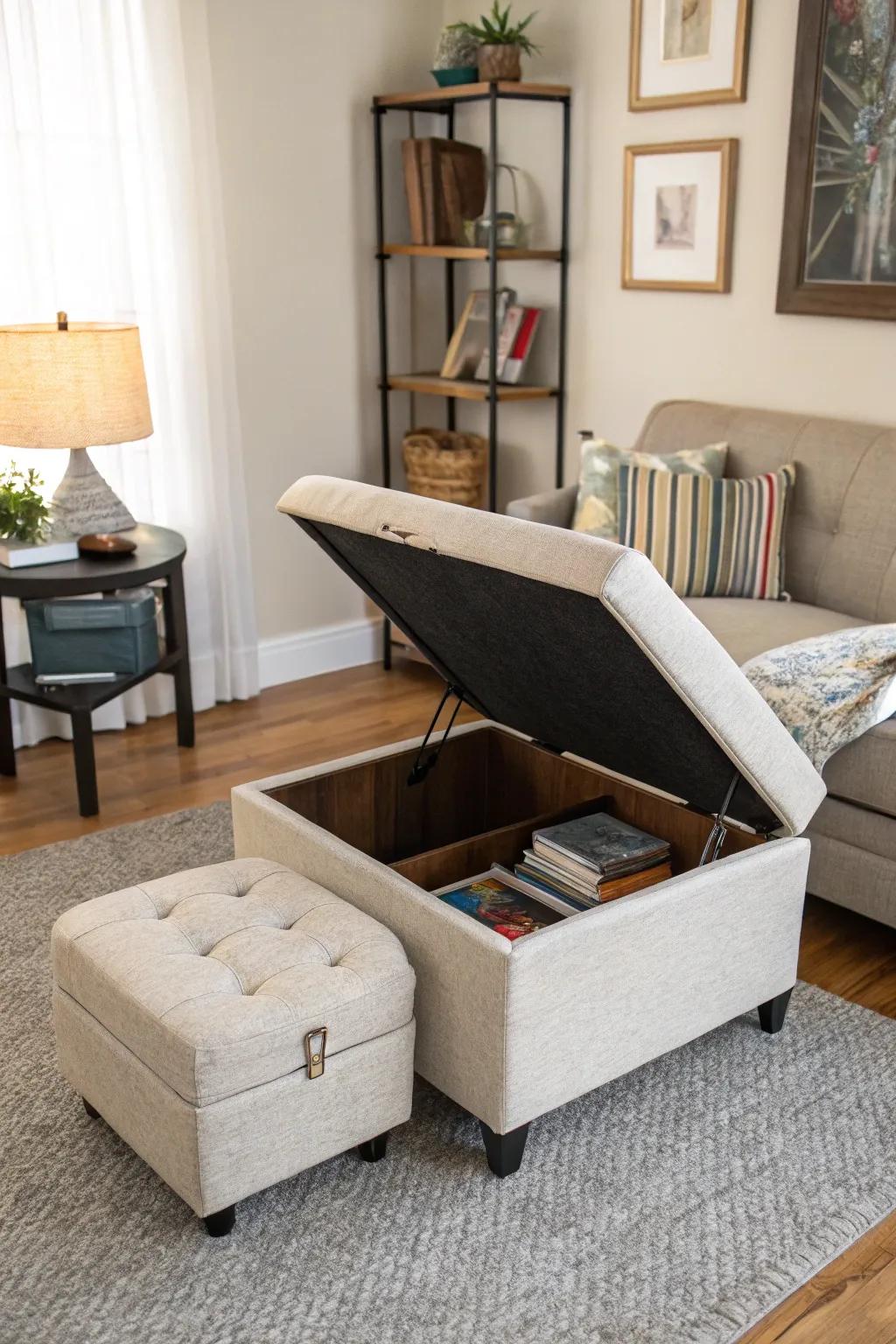 Hidden storage keeps the room neat and tidy.