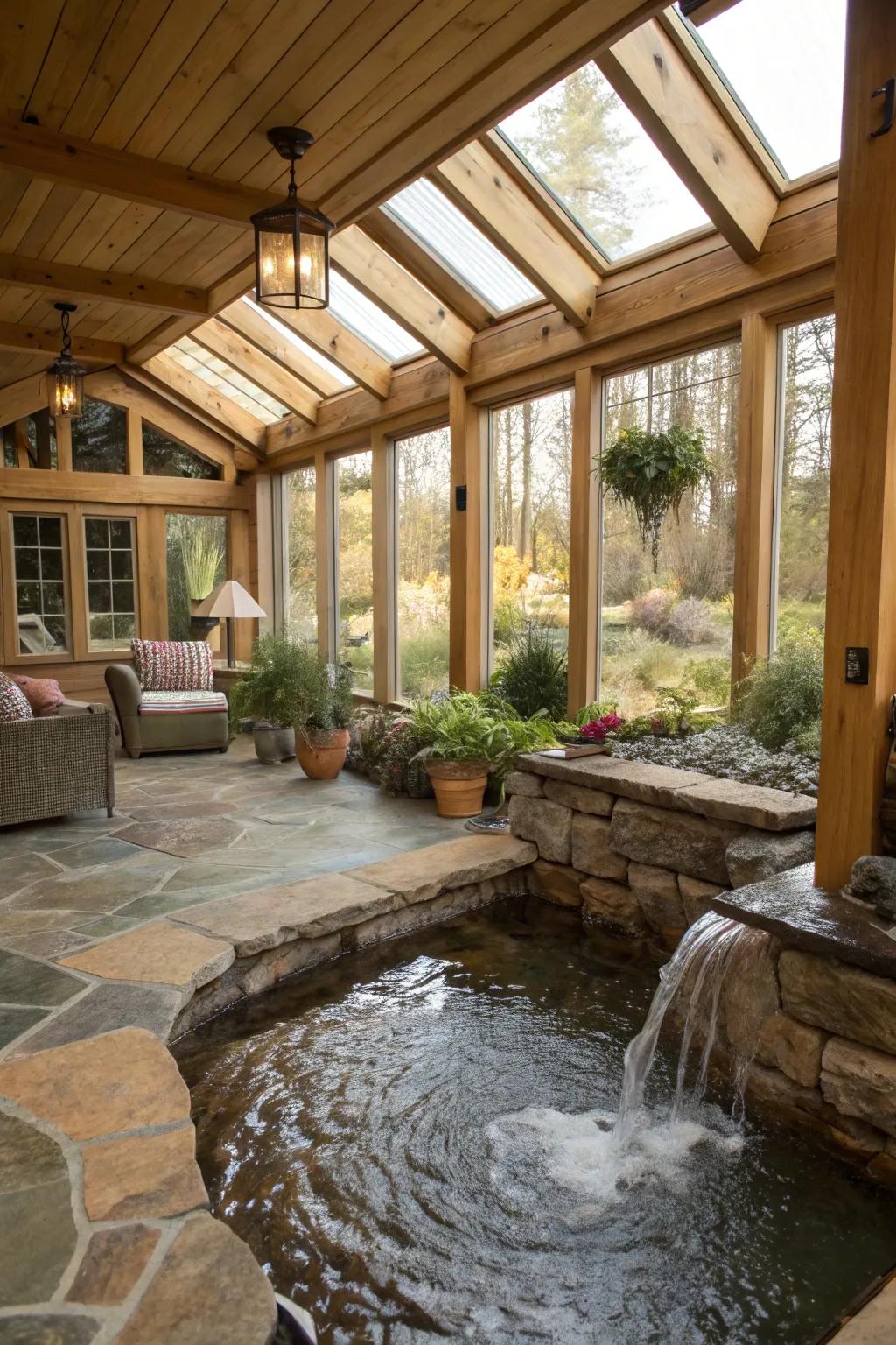 A water feature contributes a tranquil atmosphere to this country-style glass room.
