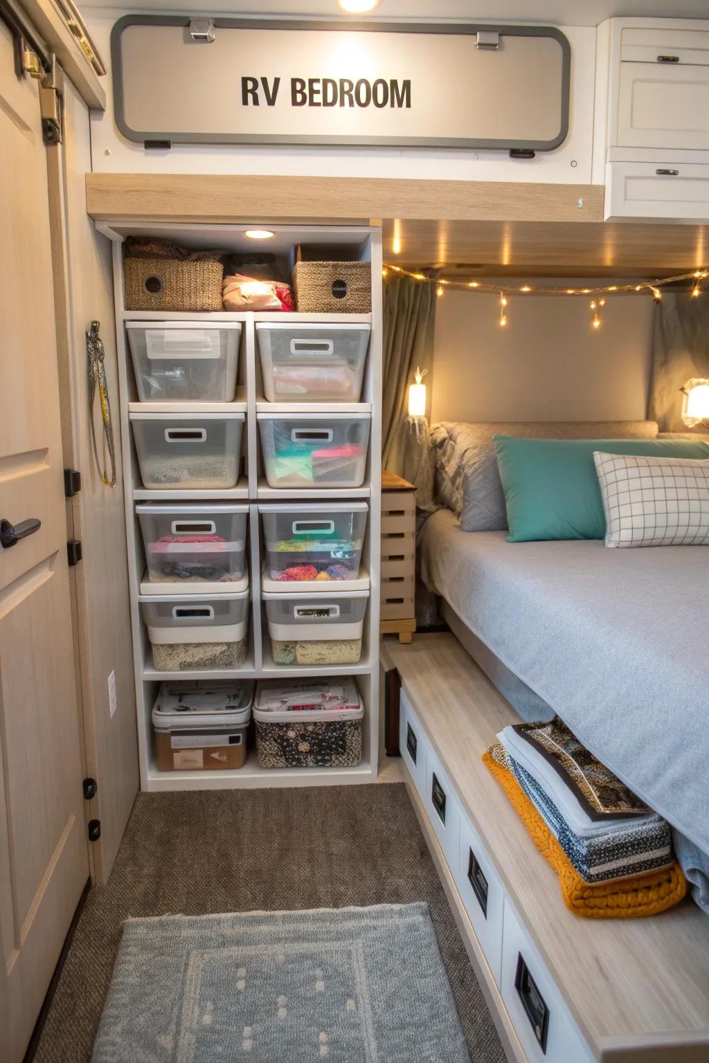 Under-bed storage solutions maintain a neat and organized RV bedroom.