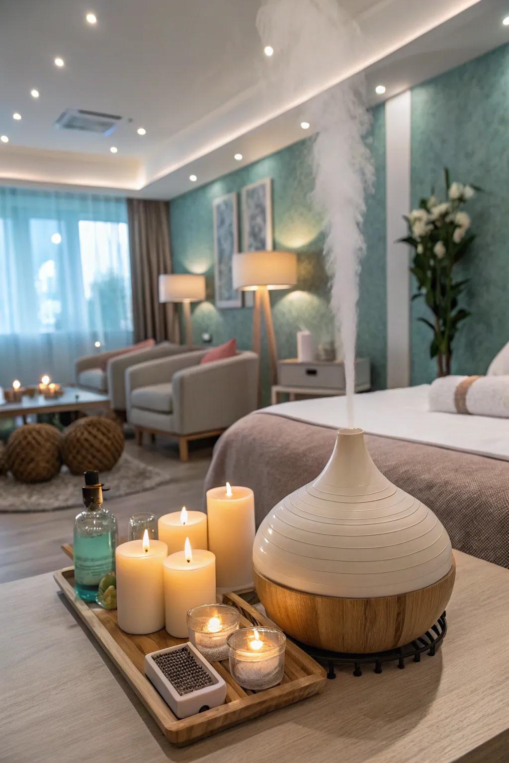 Fragrant healing using dispensers and wax luminaries within a spa area