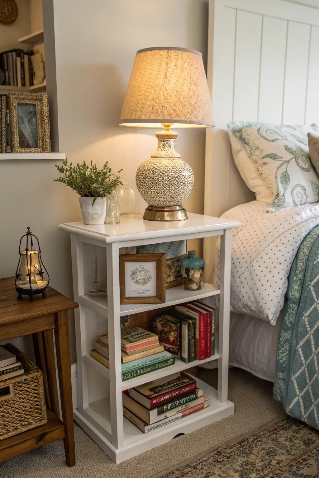 Shelving units are great for bedside storage.