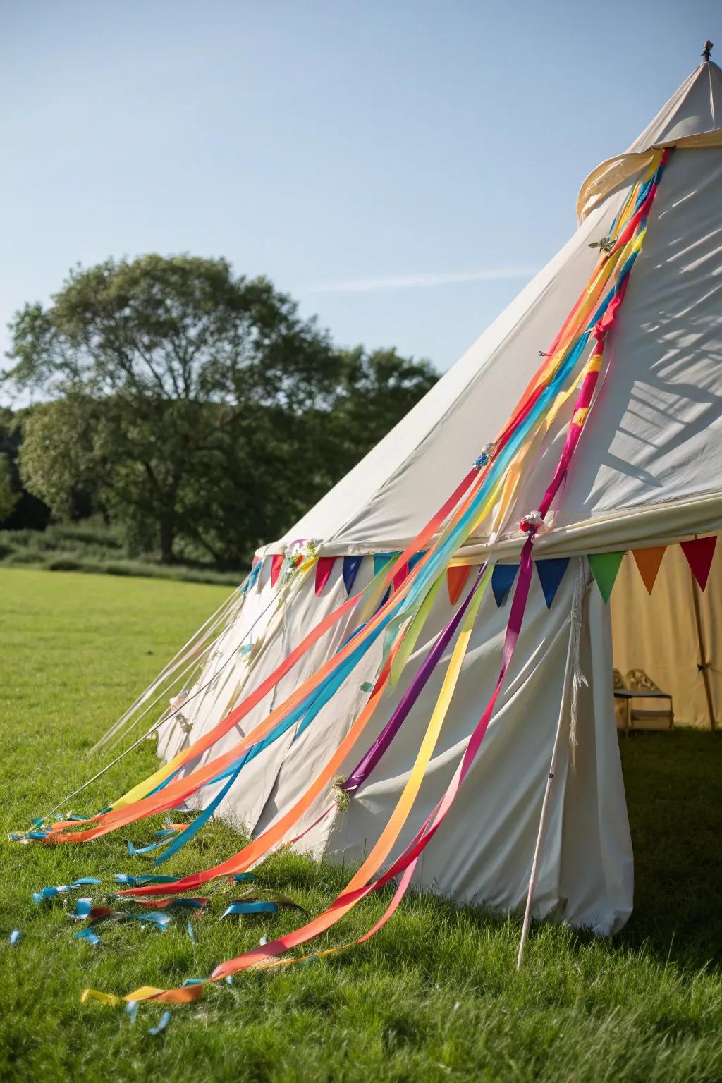 Playful tent featuring colorful band streamers.