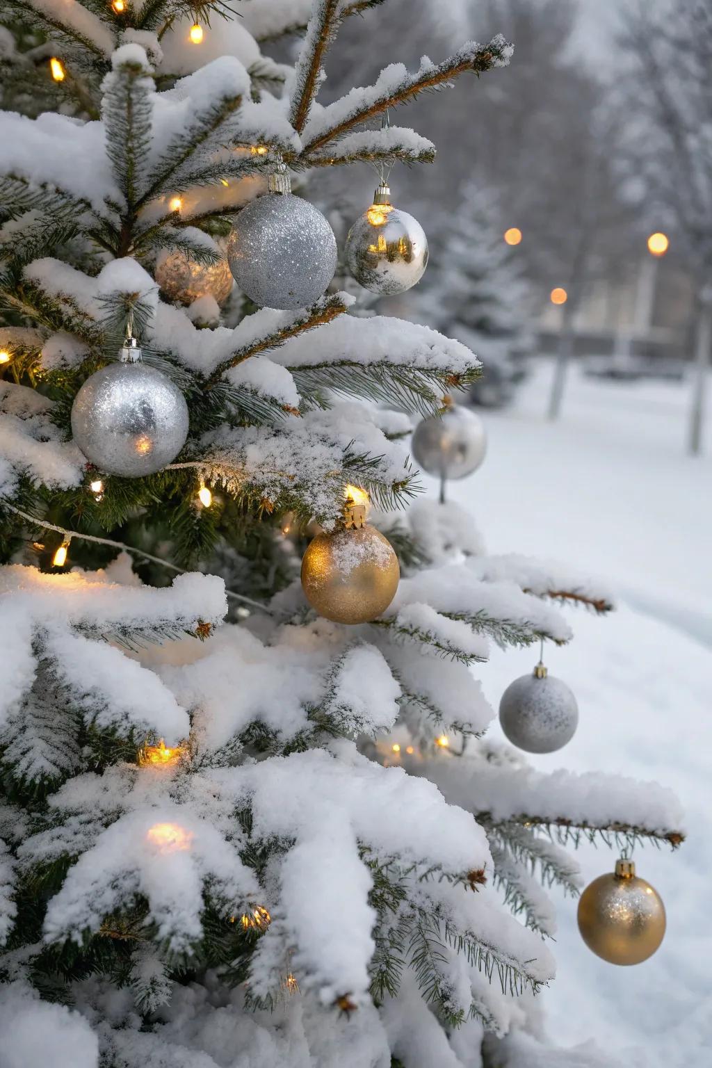 Metallic touches bring shimmer and elegance to a snowy Christmas tree.