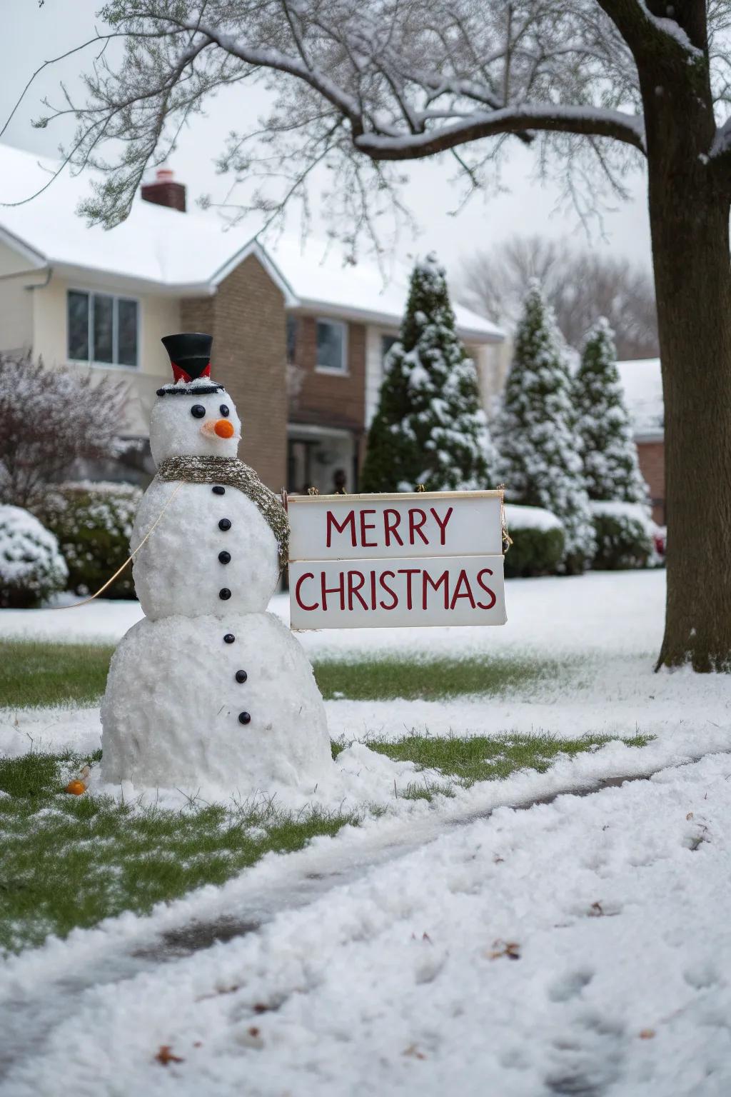 A Frosty bearing a welcoming missive for visitors.