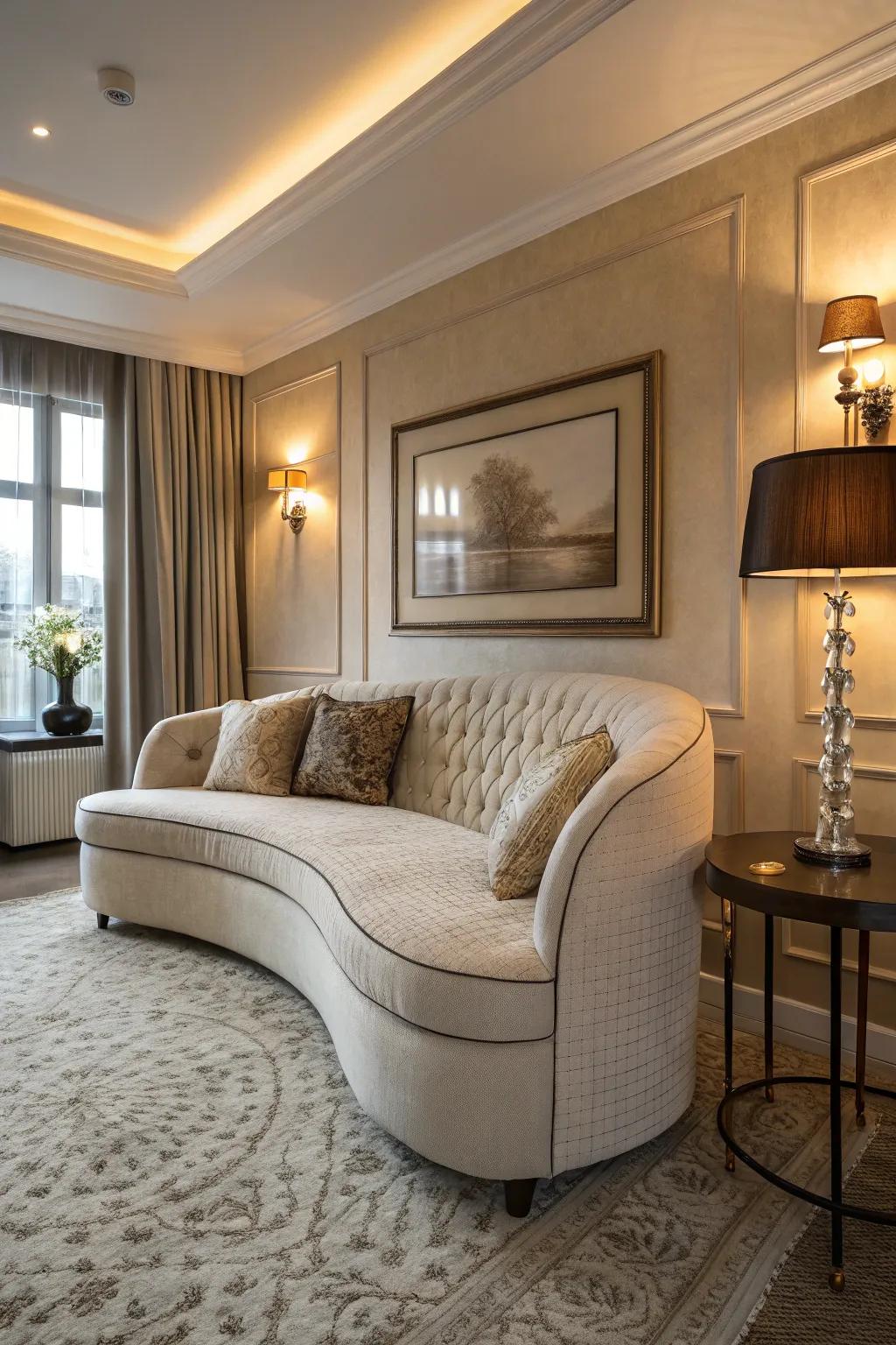 The curved design softens the angles, creating an inviting space.