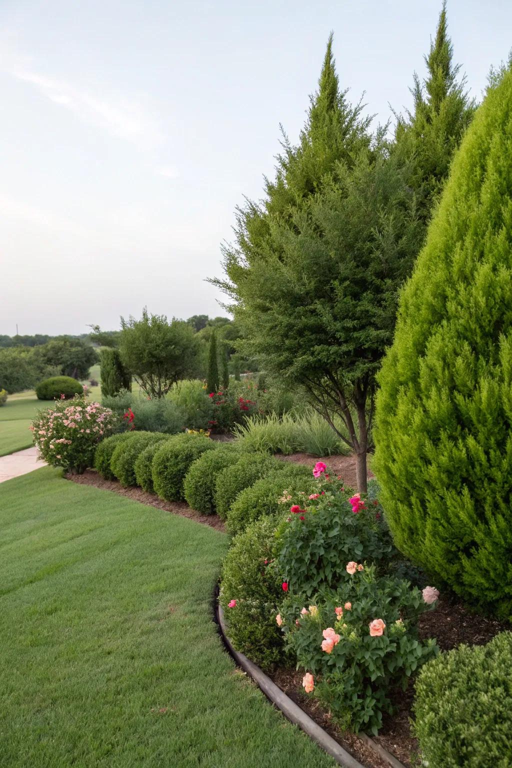 Evergreen bushes offering year-round charm in a garden.