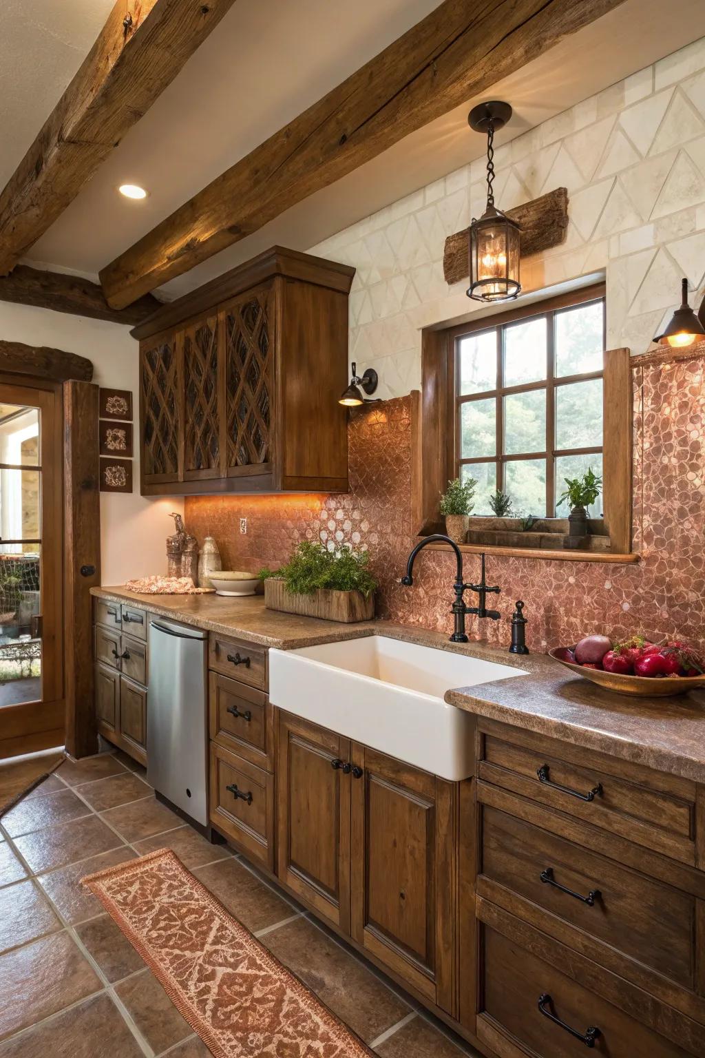 Copper tiles introduce a sophisticated metallic sheen to the kitchen.