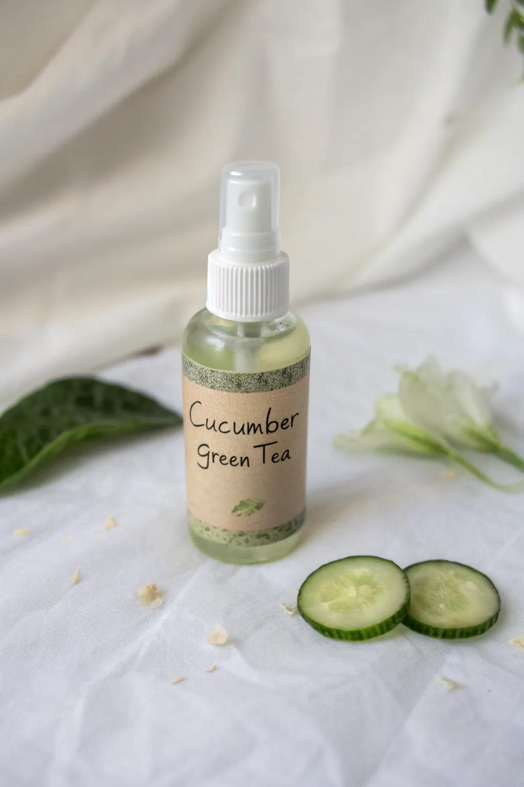 A refreshing facial mist offers an invigorating boost throughout the day.