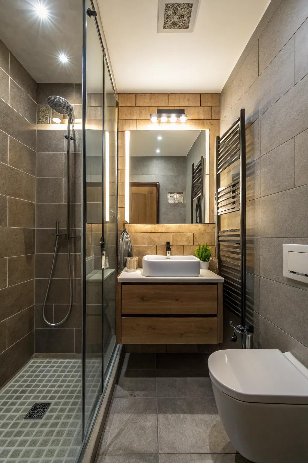 Tinted shower screens inject depth and sophistication subtly.