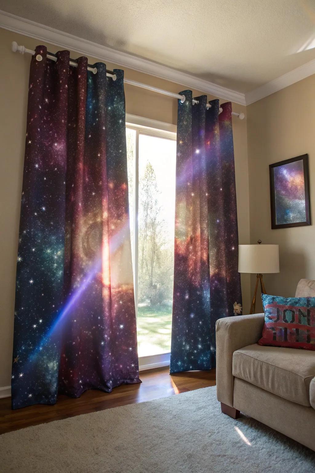 Outer-space drapes to frame a view with cosmic elegance.