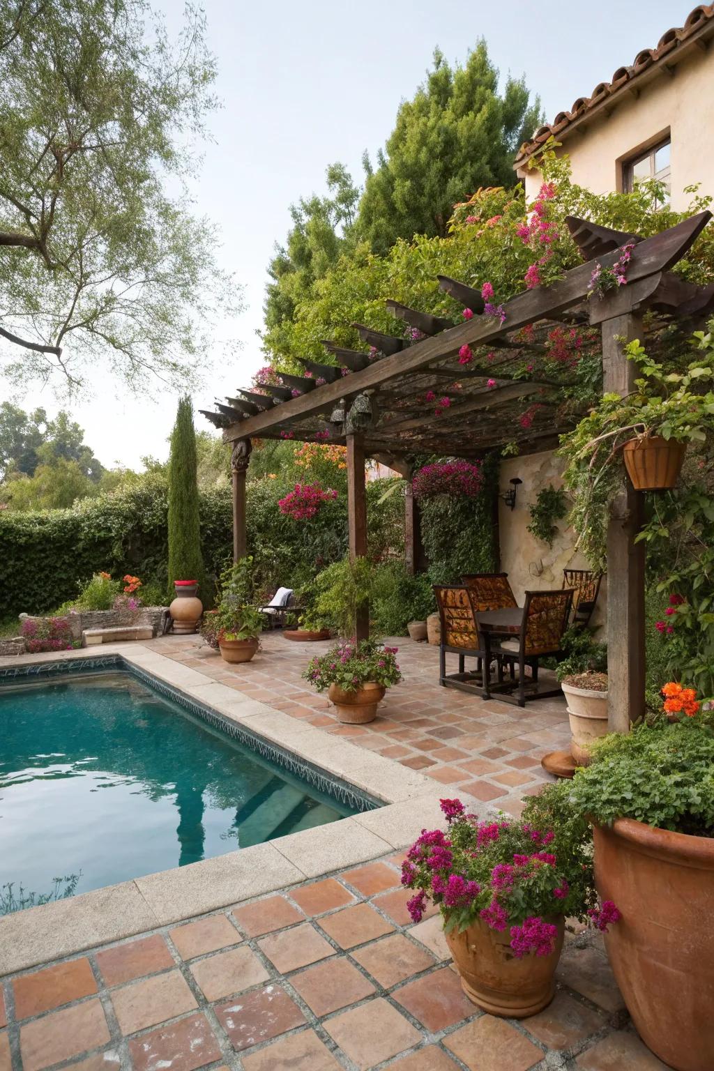 An arbor provides a shaded retreat in this refined Spanish-style garden.