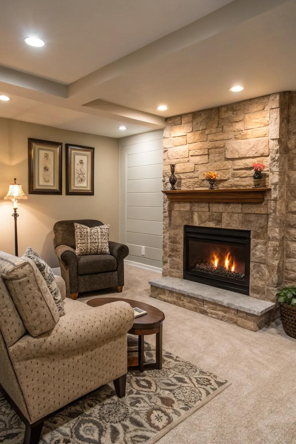 A faux fireplace adds warmth and charm to your speakeasy.