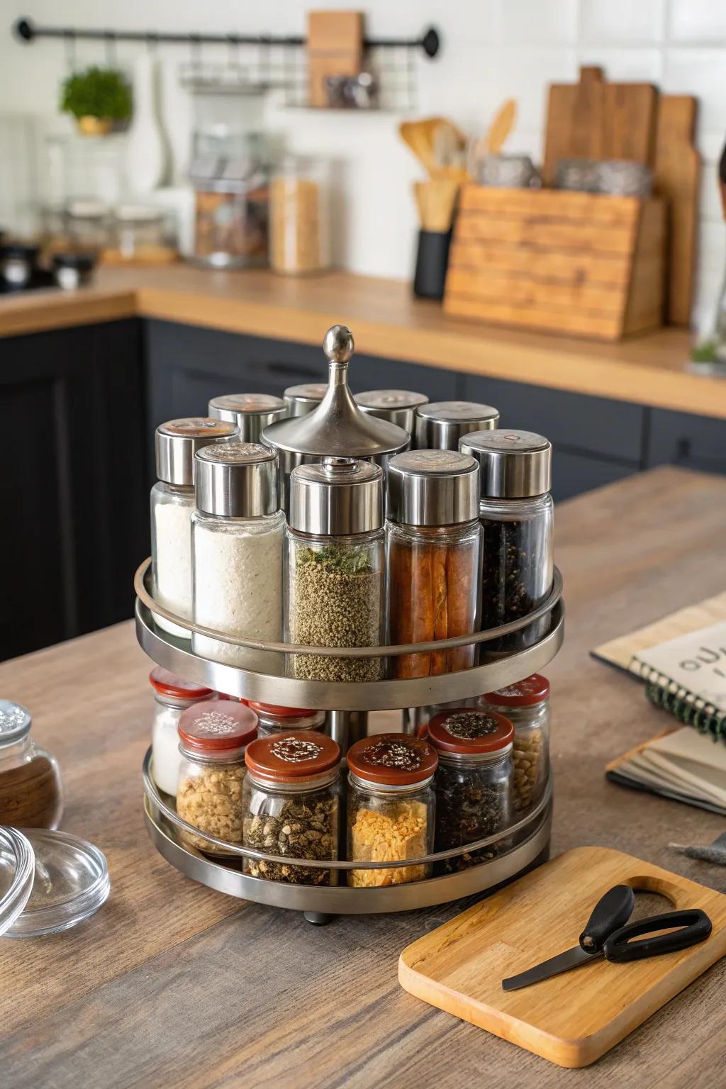 A spinning carousel facilitating straightforward spice accessibility.