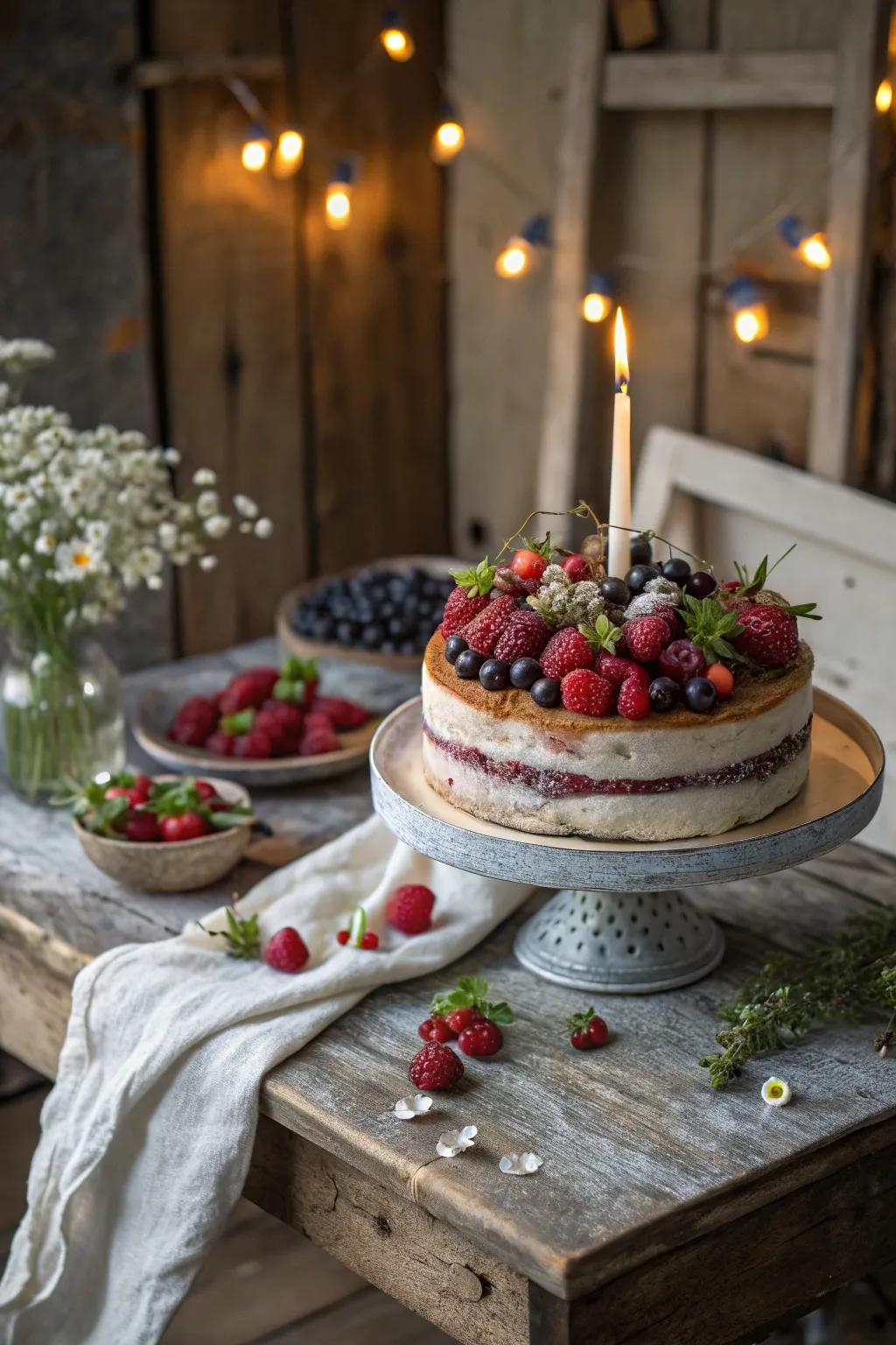 A country style berry-topped cake featuring natural elegance.