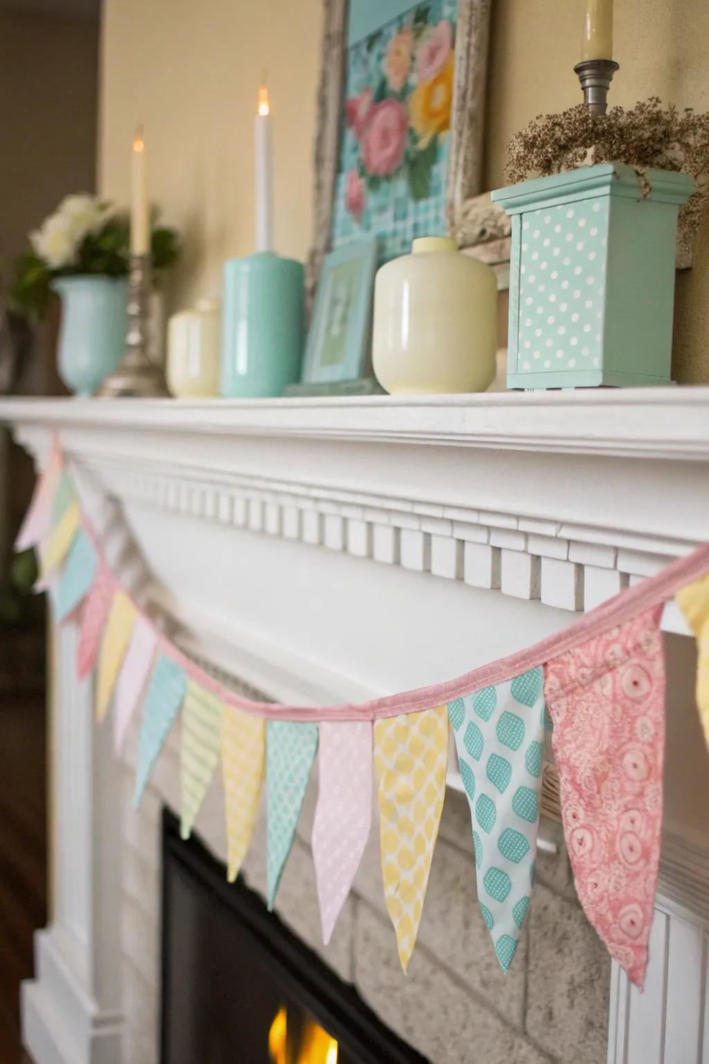A textile banner adds a personal touch to the mantel.