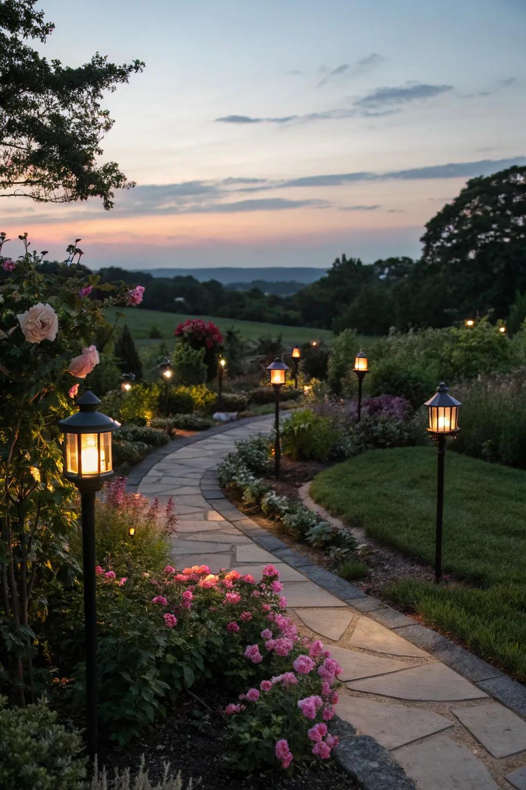 Garden lights create a magical atmosphere, highlighting paths and plants at night.