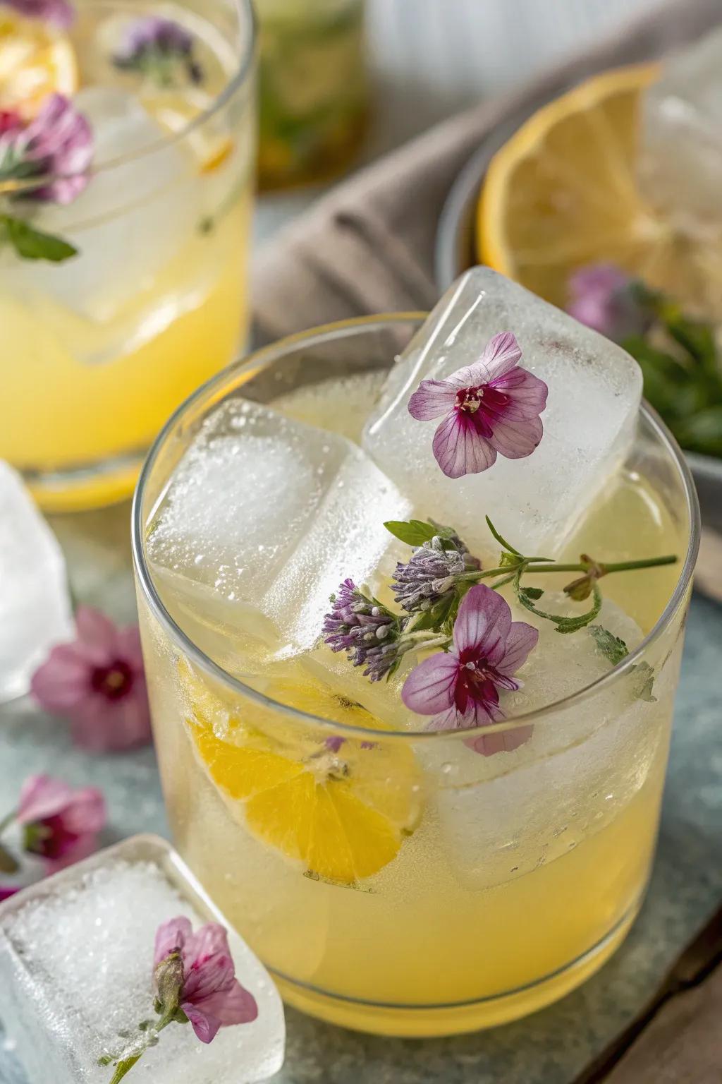 Edible bloom ice blocks add a dreamy touch to beverages.