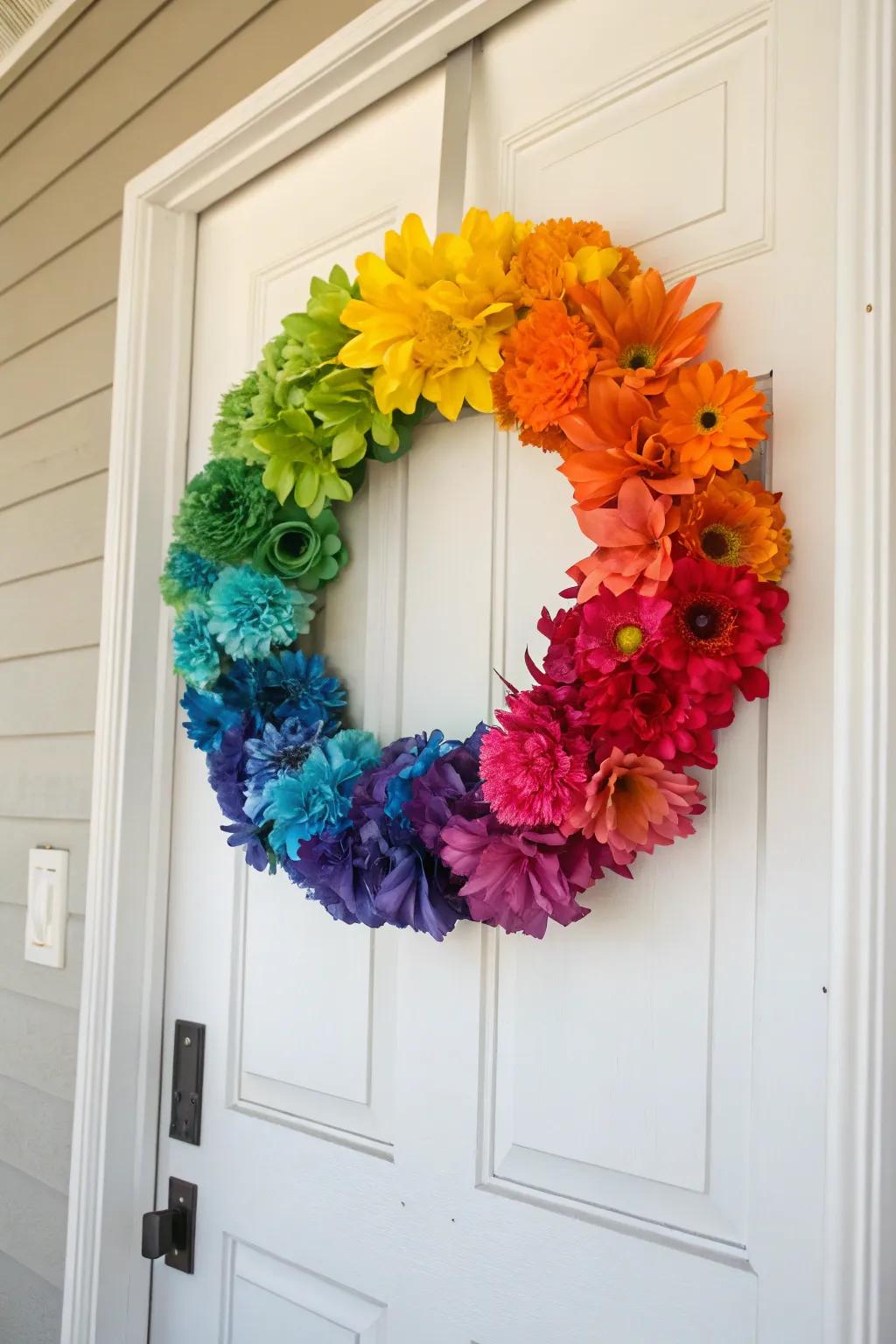 A radiant and cheerful spectrum wreath for a colorful welcome.