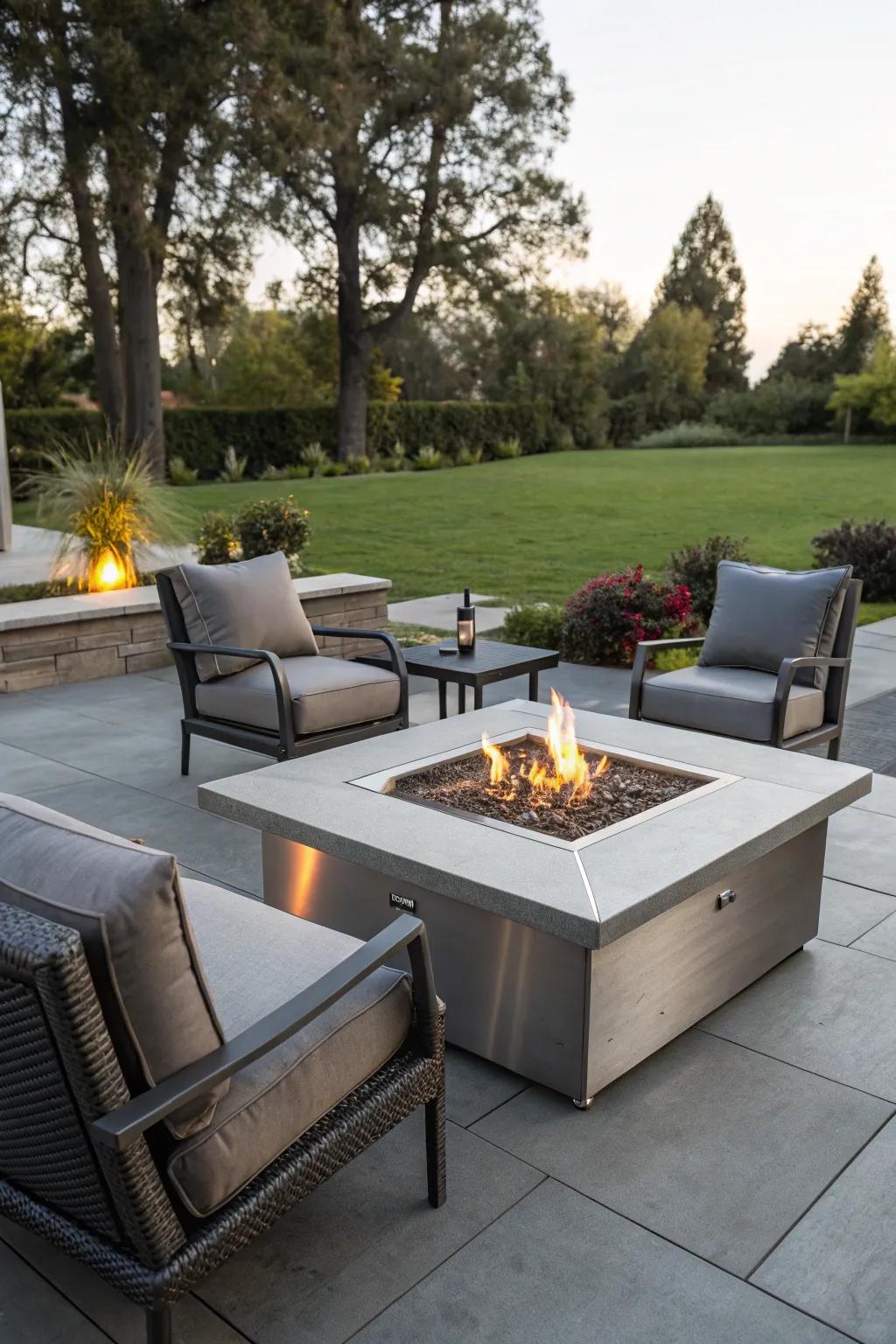 Metallic elements provide a smooth and modern hearth look.