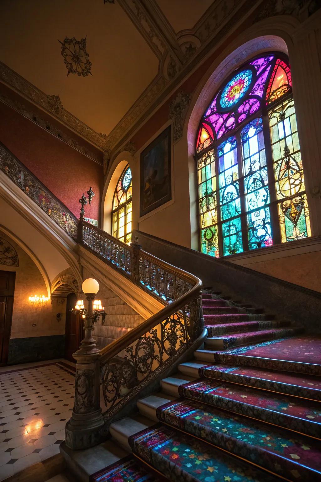 Stained glass windows introduce elegance and hue to stairwells.