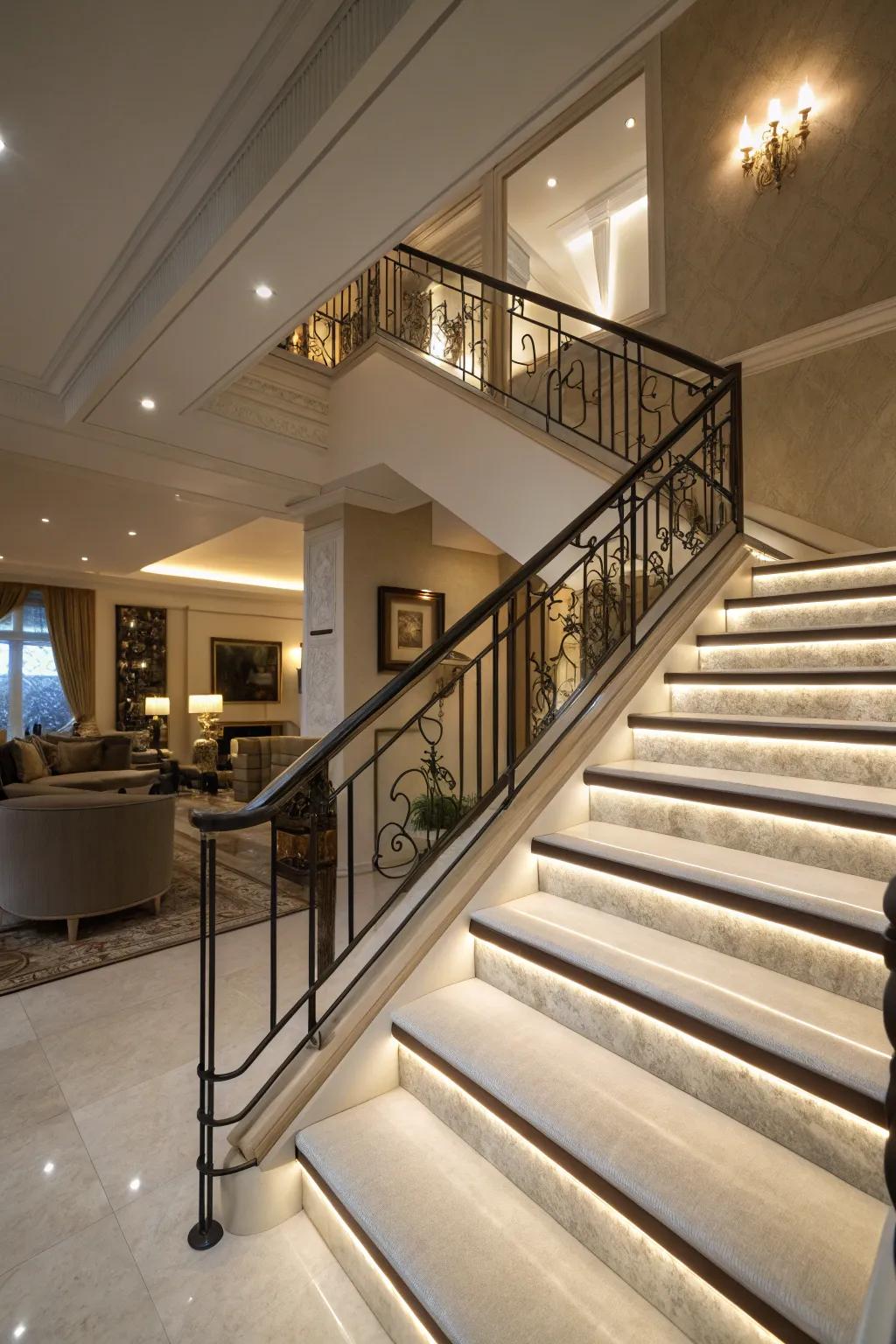 LED lighting adds a modern touch to stair railings.