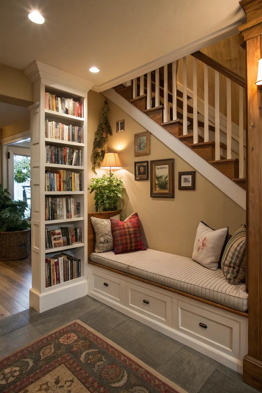 Under the stairs, a reading space creates a useful and welcoming area.