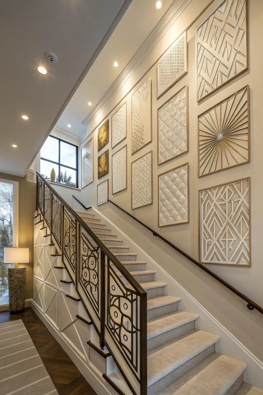 Staircase walls have a streamlined, modern appearance thanks to artistic wall panels.