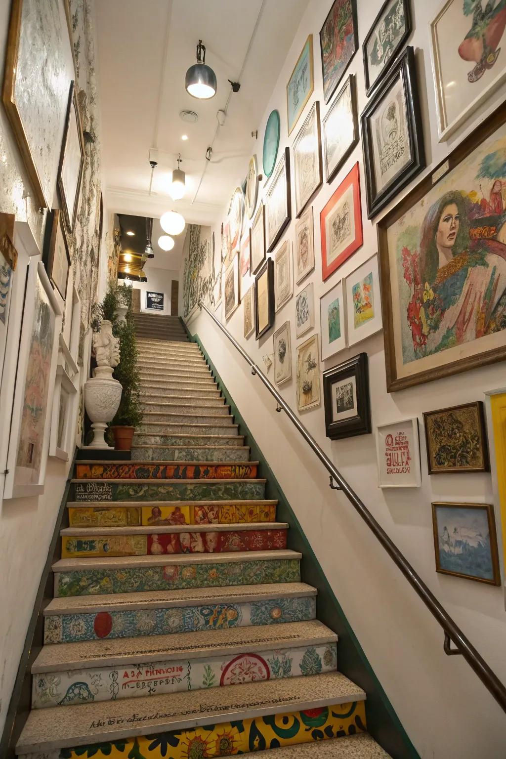 A varied mix adds excitement and spontaneity to the stairway.