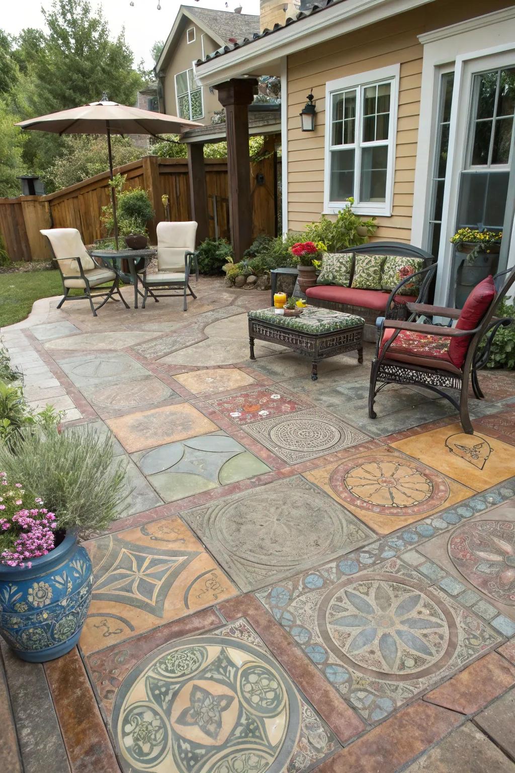 Multi-hued designs add artistic flair to this patio.