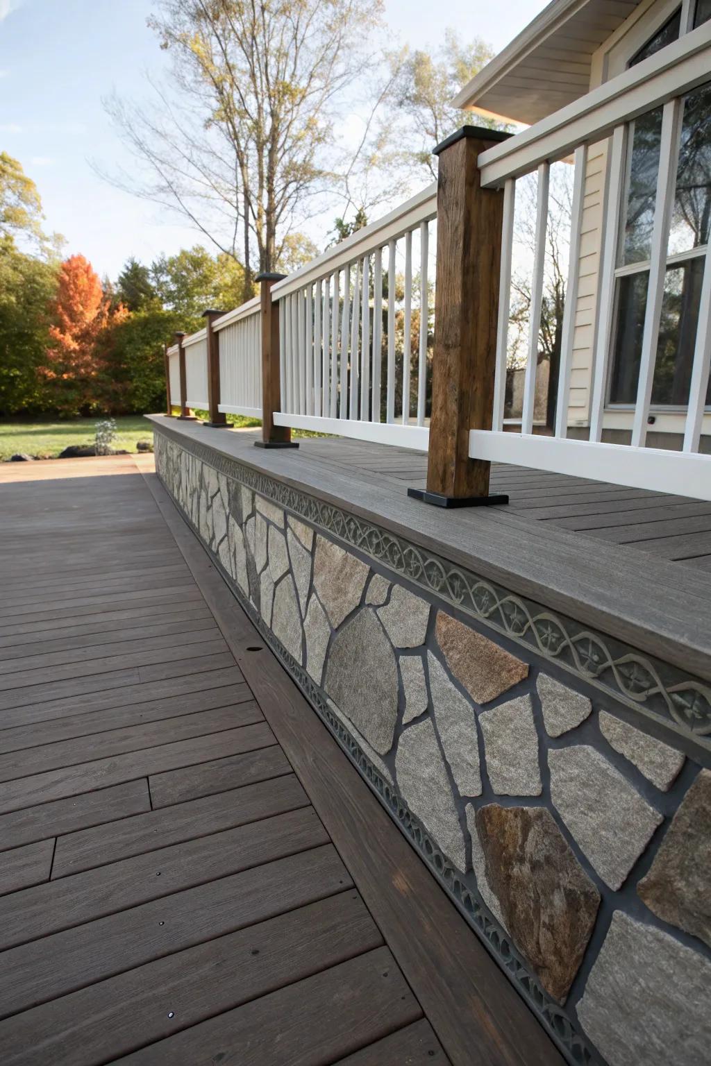 A deck transformed into a creative masterpiece using patterned rock trim.