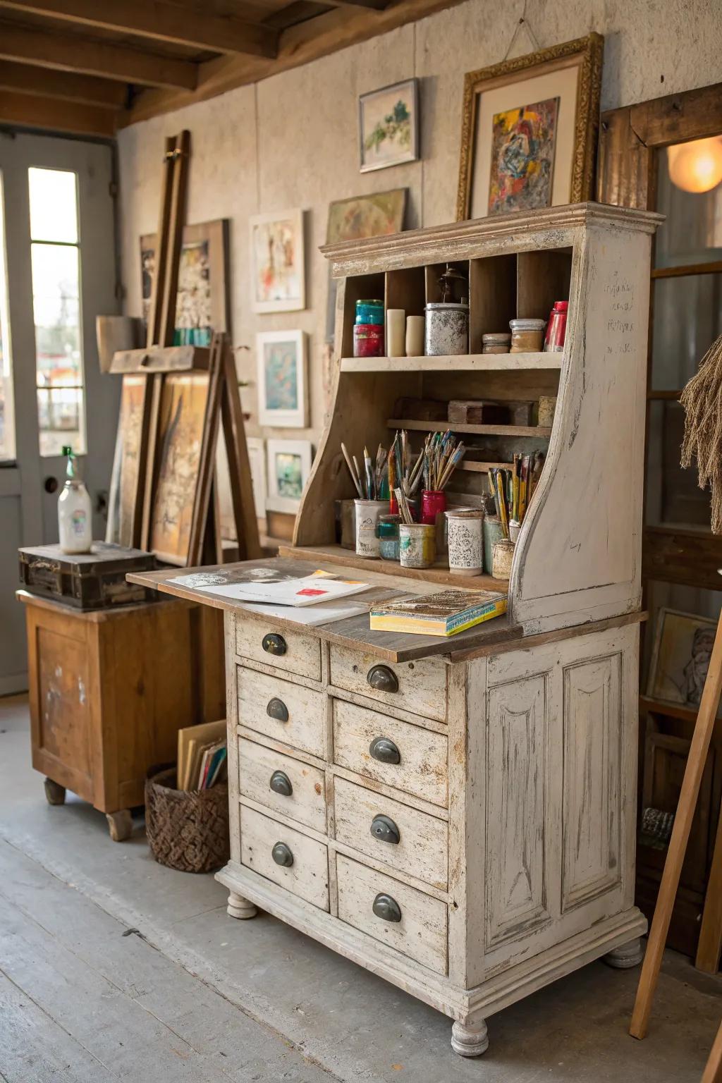 Repurposed furniture can be stylish storage solutions.