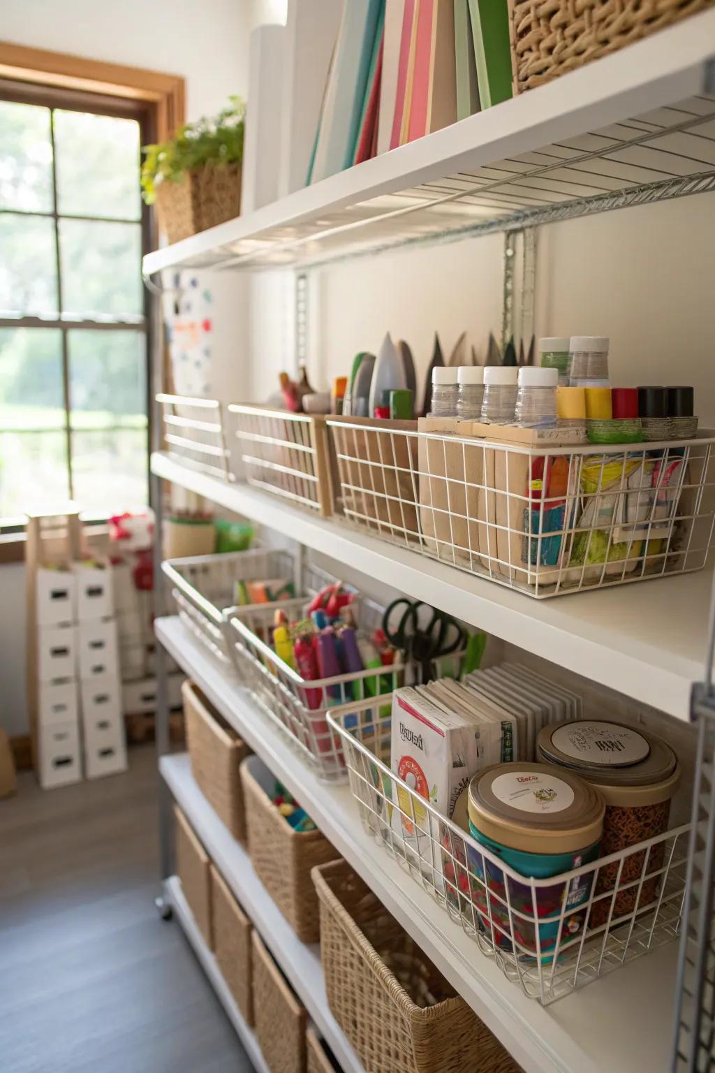Under-shelf baskets add extra storage for smaller items.