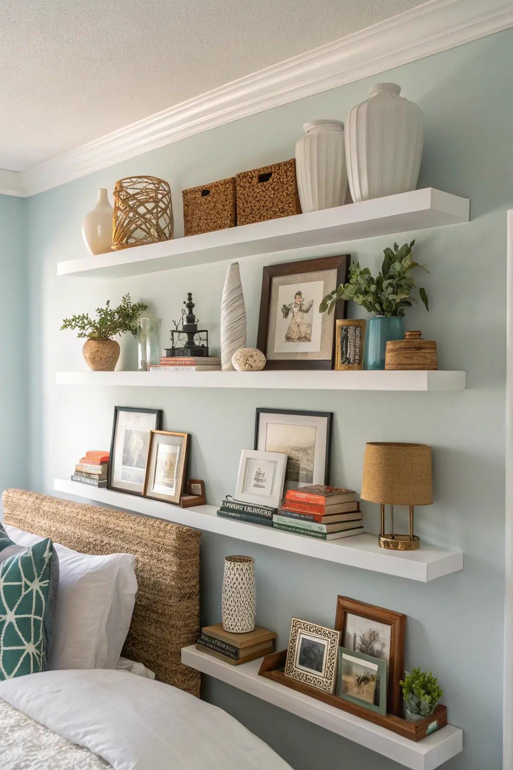 Enhance dimension with floating shelves.