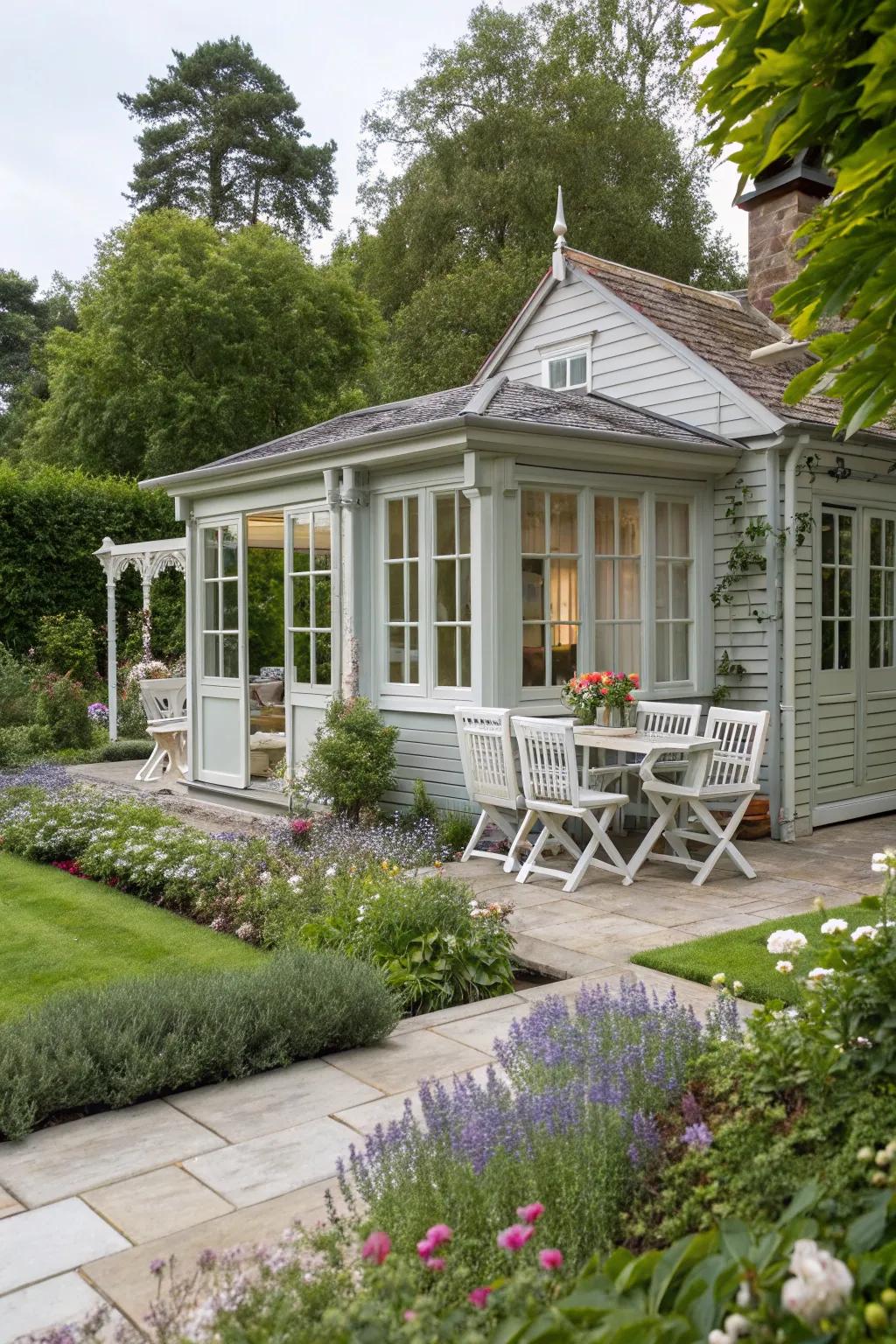 A chic summer house in soft grey, ideal for any garden style.