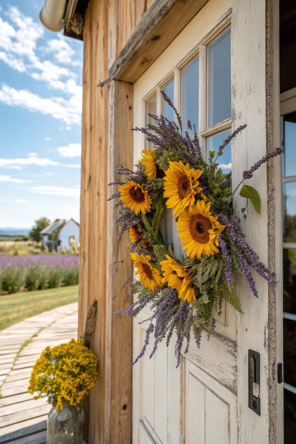 Relaxing lavender and vibrant sunflowers create a delightful wreath.