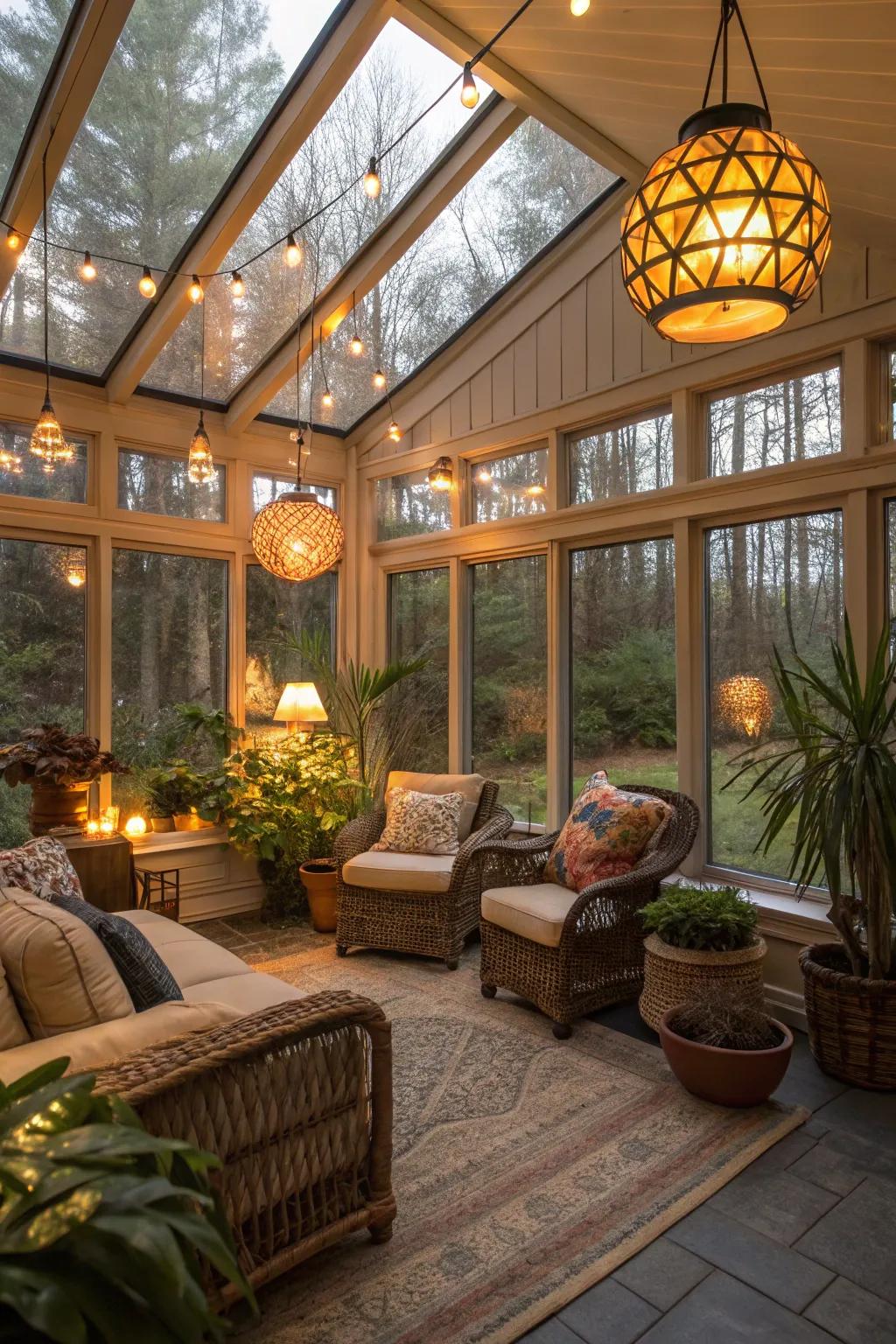 Layered illumination keeps the sunroom cozy after dark.