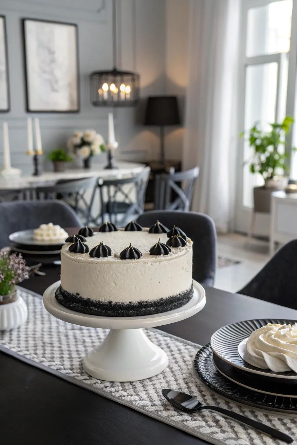 A chic monochrome cake radiating ageless elegance.