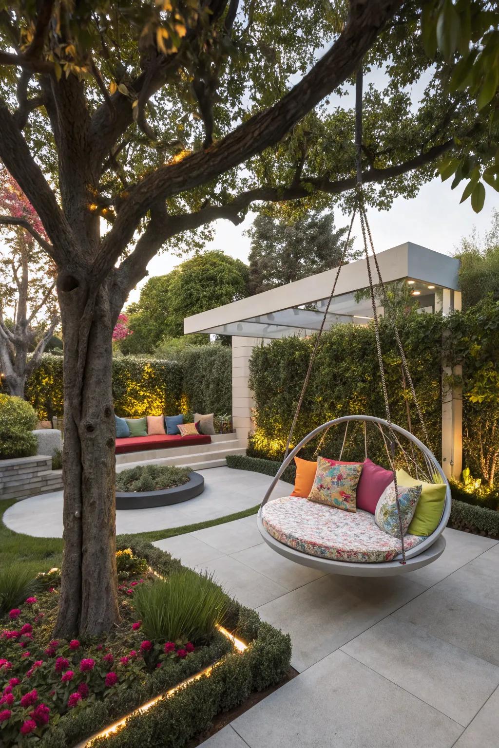 A circular swing seat presents a cozy, modern twist on leisure.