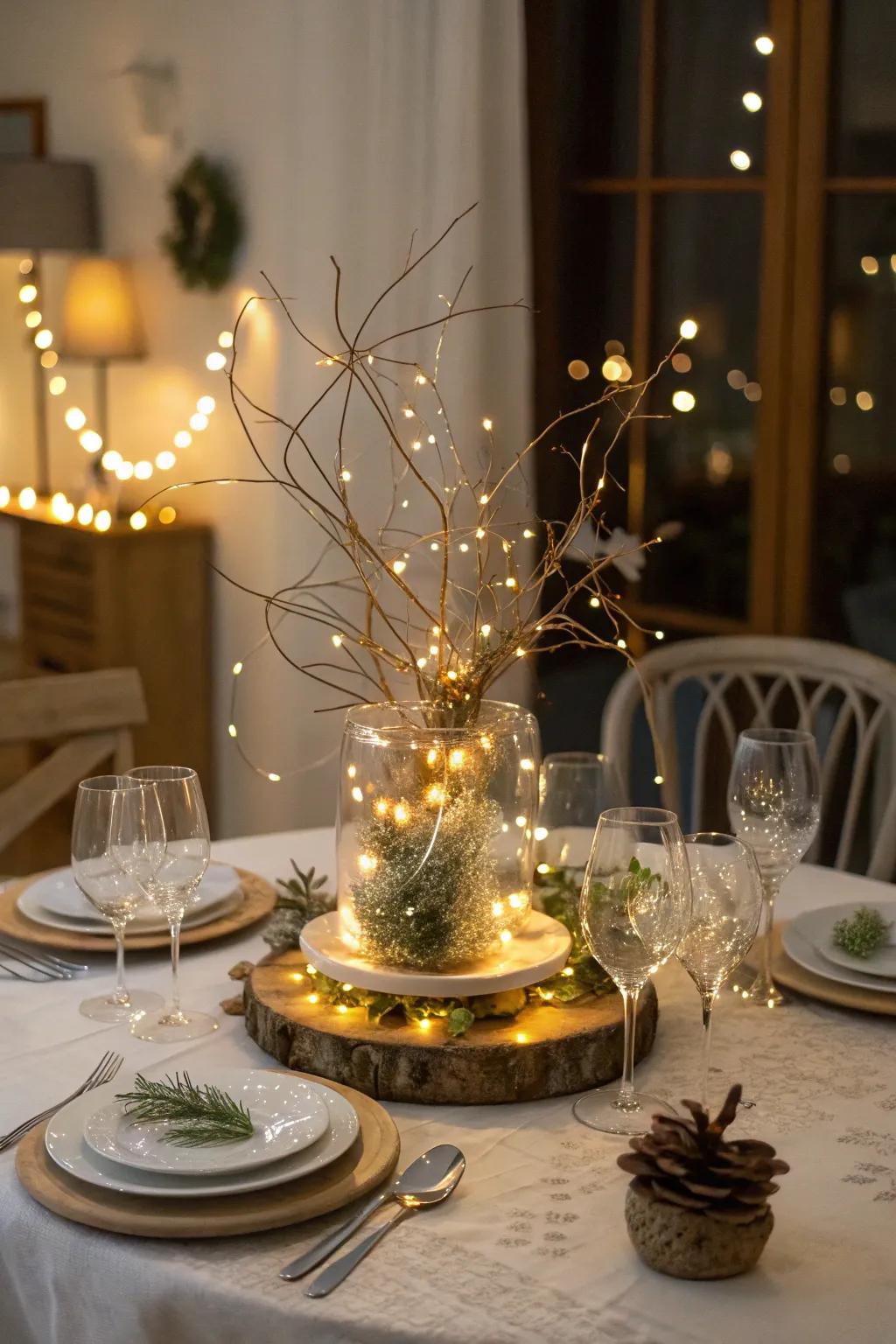 A whimsical centerpiece featuring enchanting twinkle lights.