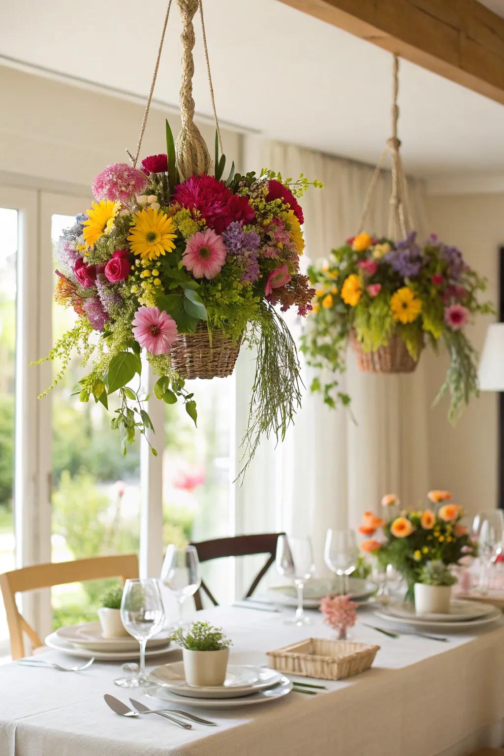 An ethereal centerpiece featuring whimsical suspending floral arrangements.