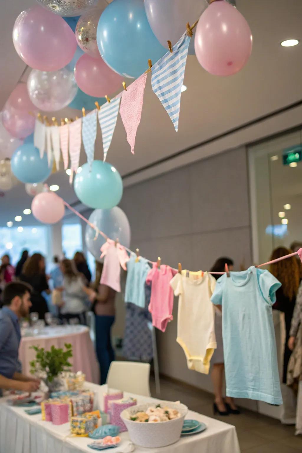 A whimsical bodysuit festoon infuses infant-inspired allure to your decorations.