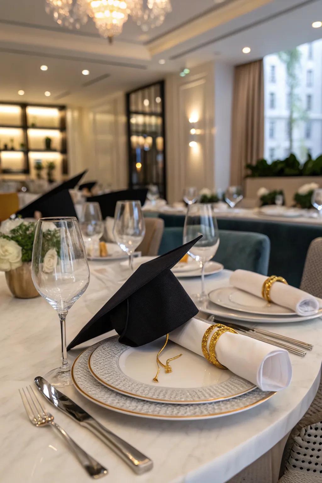 Graduate cap band holders impart a playful nuance to the table arrangement.