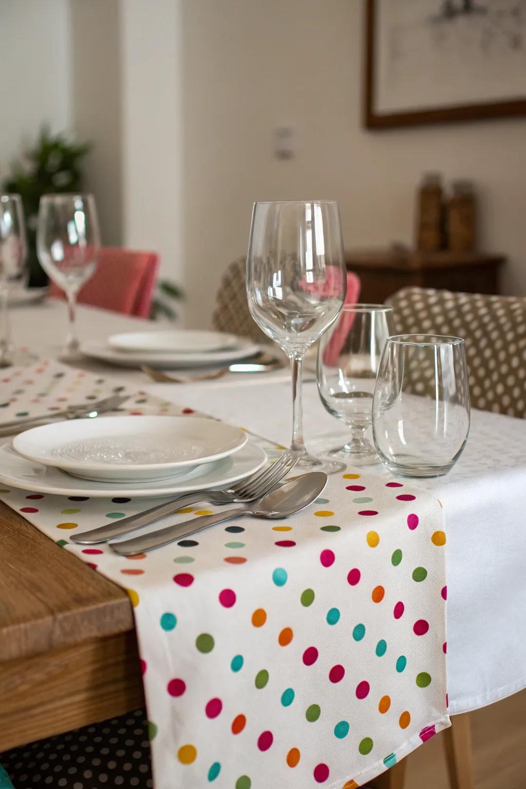 A polka dot table runner for a fun and cheerful dining setup.
